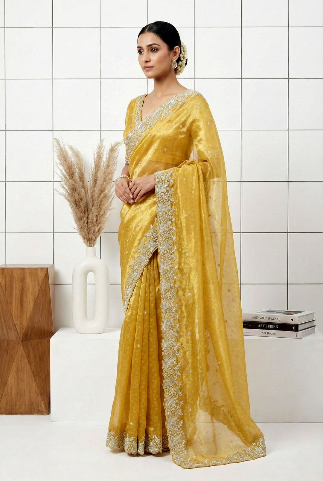 Neerus Yellow organza hand embroidered saree - front view