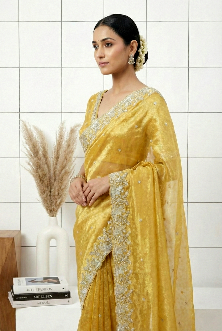 Neerus Yellow organza hand embroidered saree - side view