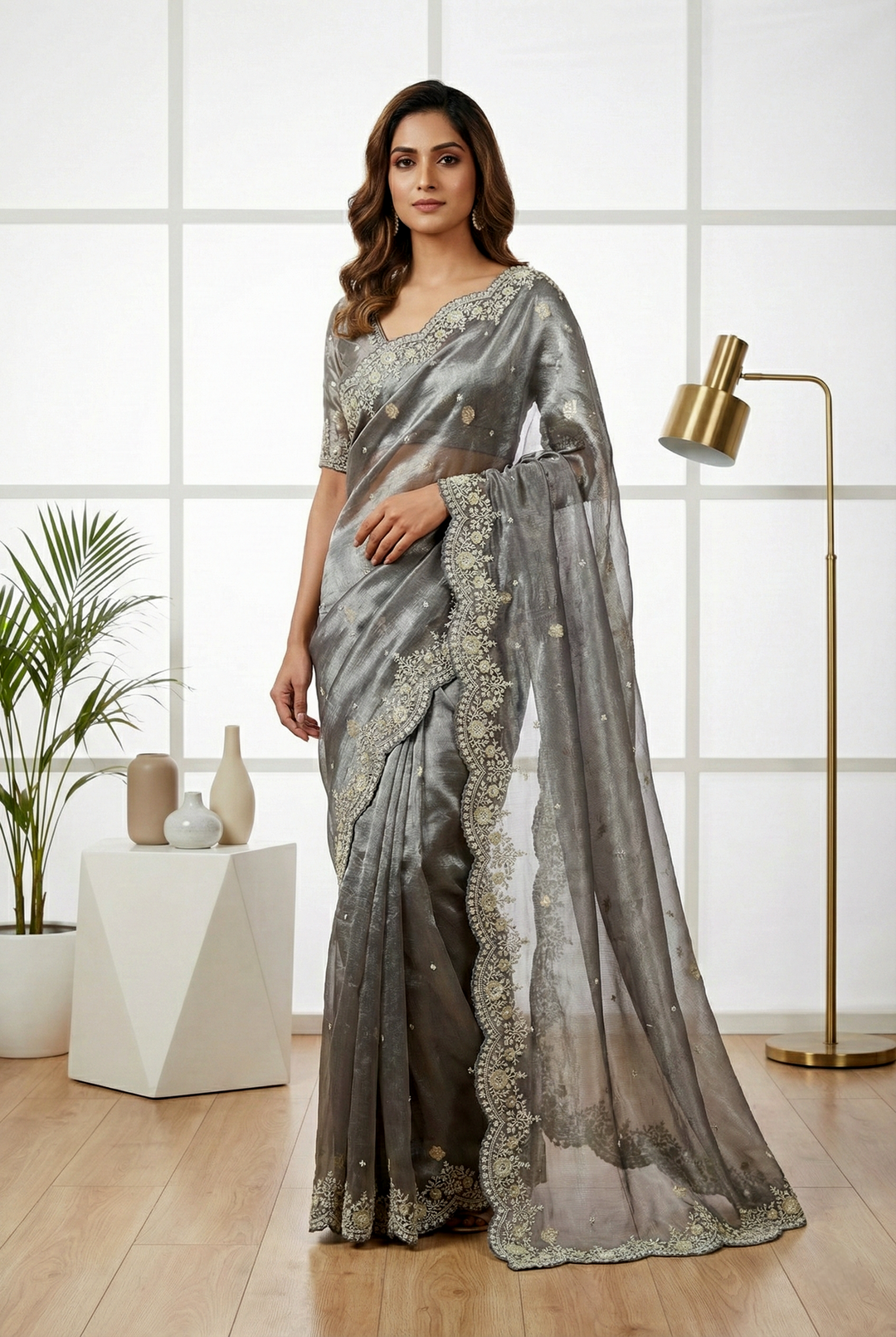 Neerus Grey organza hand embroidered saree - front view