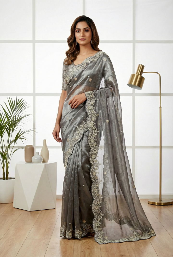 Neerus Grey organza hand embroidered saree - front view