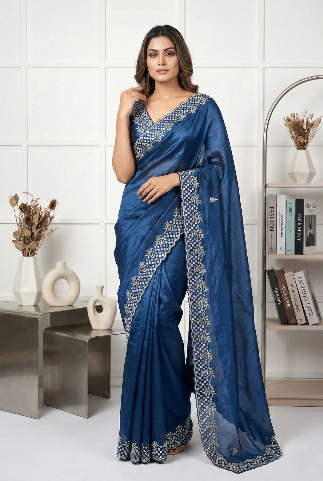 Neerus Blue organza hand embroidered saree - front view