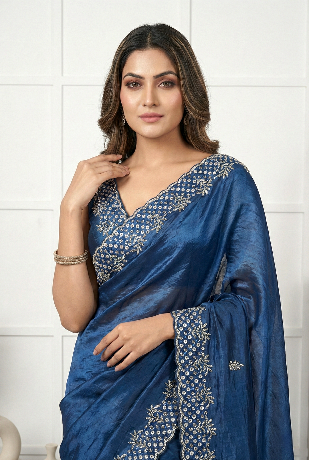 Neerus Blue organza hand embroidered saree - back view