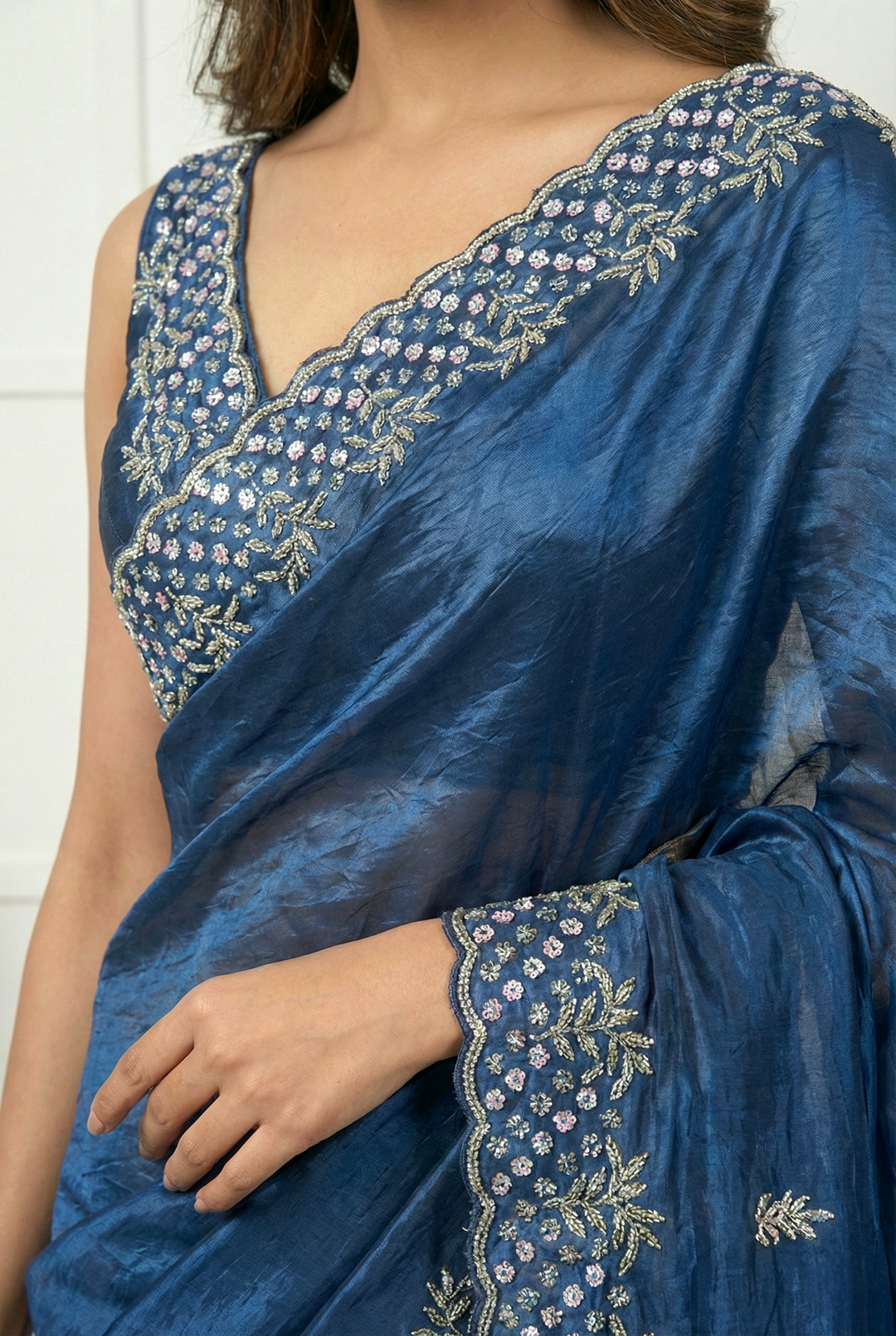 Neerus Blue organza hand embroidered saree - side view