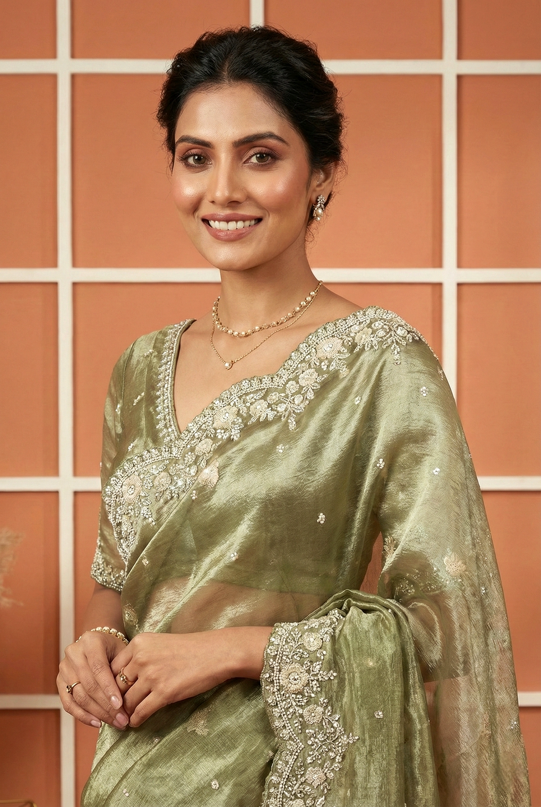 Neerus Green Organza Hand Embroidered Saree - back view