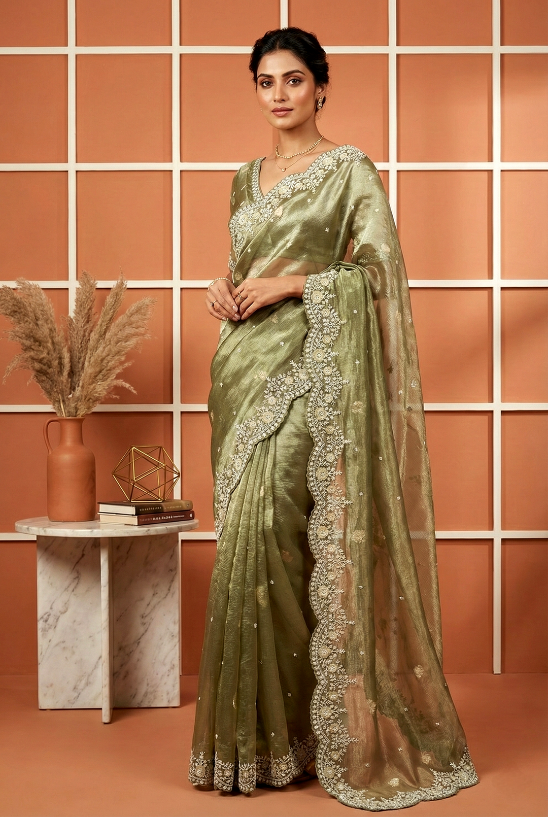 Neerus Green Organza Hand Embroidered Saree - front view