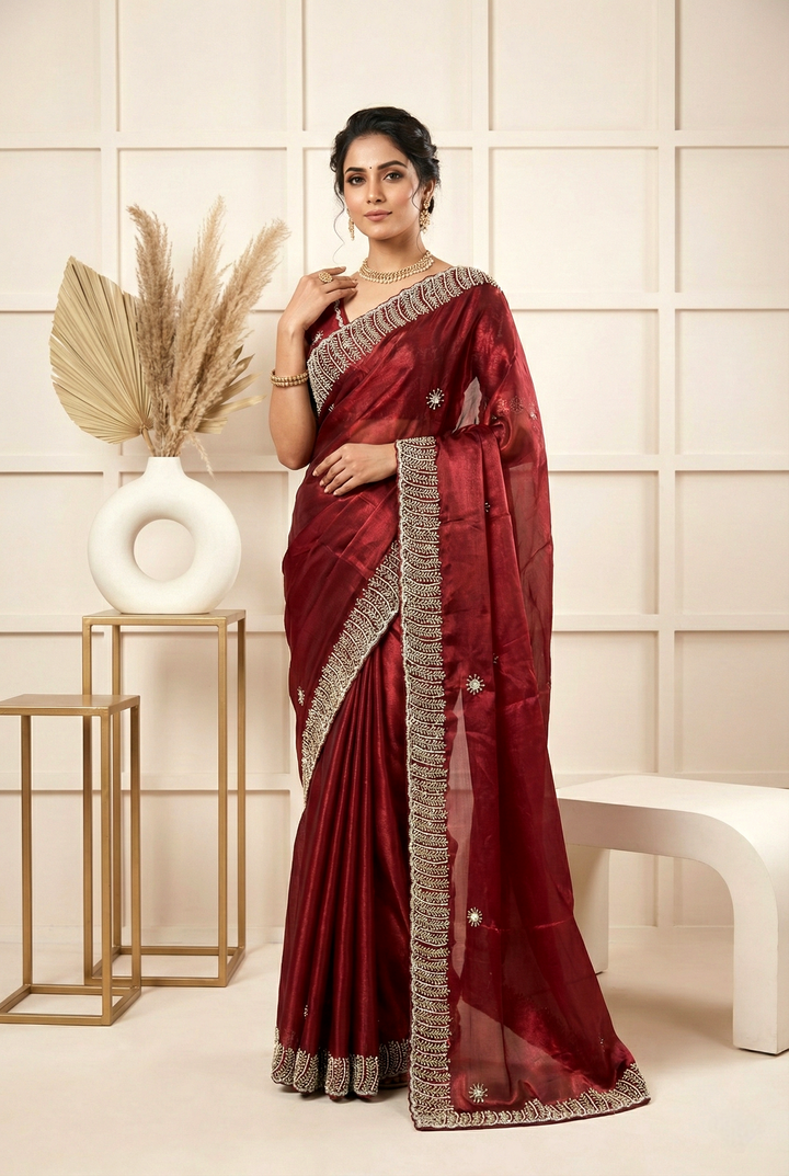 Neerus Maroon organza embellished saree - front view