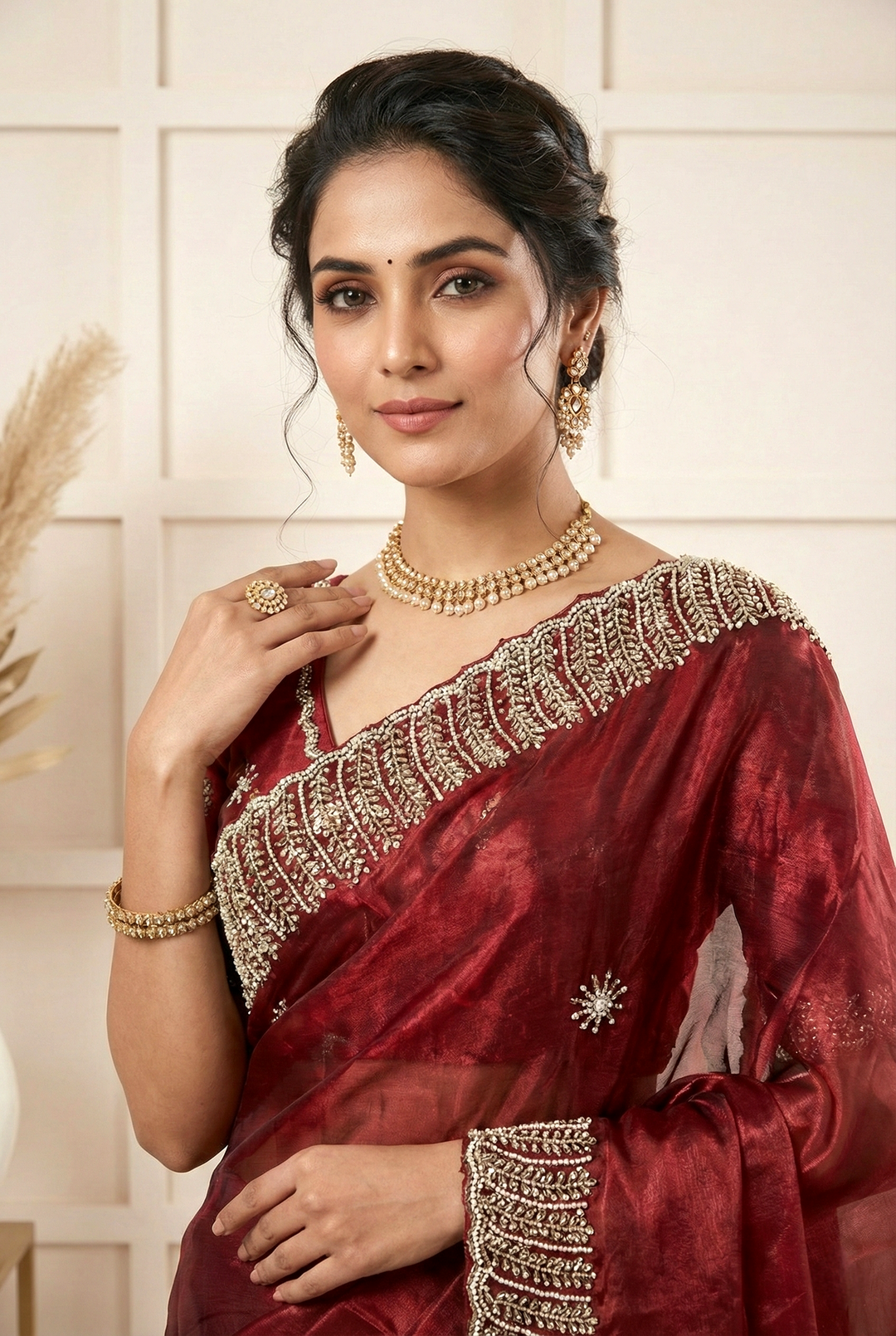 Neerus Maroon organza embellished saree - back view