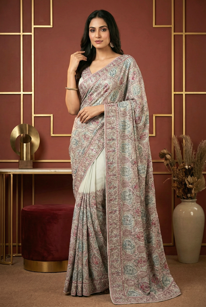 Neerus Pink organza embellished saree - front view