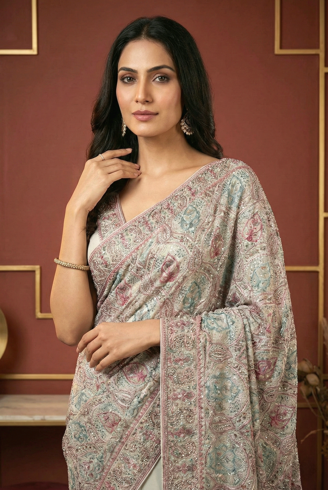 Neerus Pink organza embellished saree - back view
