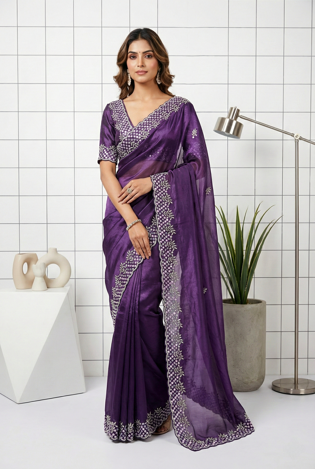 Neerus Purple organza embellished saree - front view