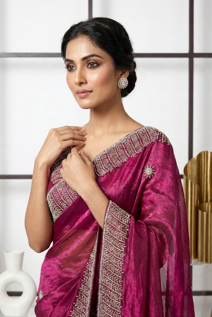 Neerus Maroon silk embellished saree - back view