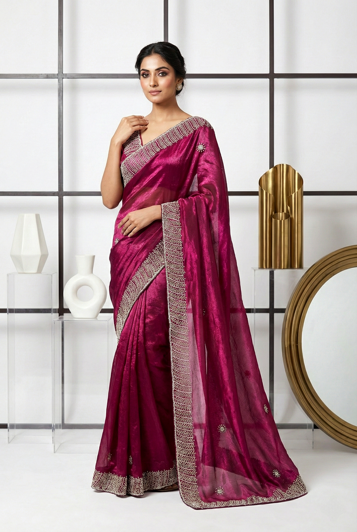 Neerus Maroon silk embellished saree - front view