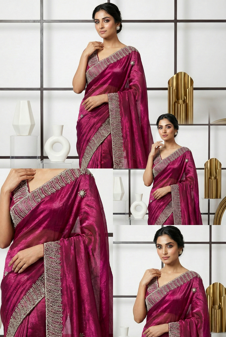 Neerus Maroon silk embellished saree - side view