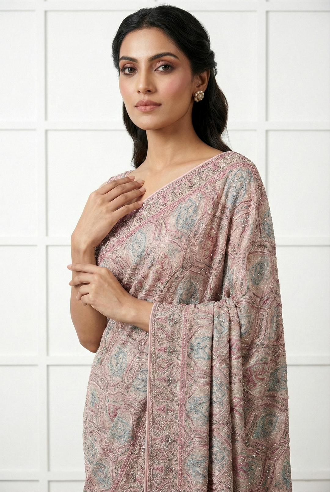 Neerus Pink Organza Embellished Saree - back view