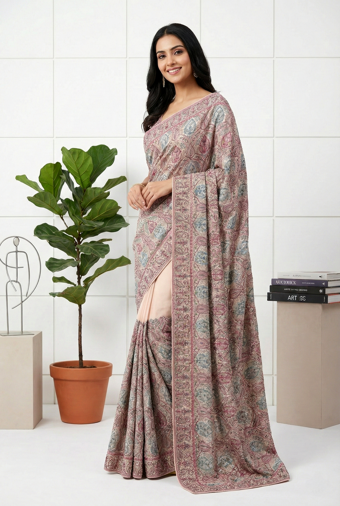 Neerus Pink Organza Embellished Saree - front view