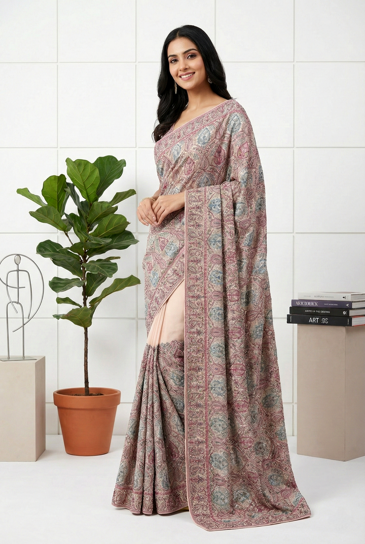 Neerus Pink Organza Embellished Saree - front view