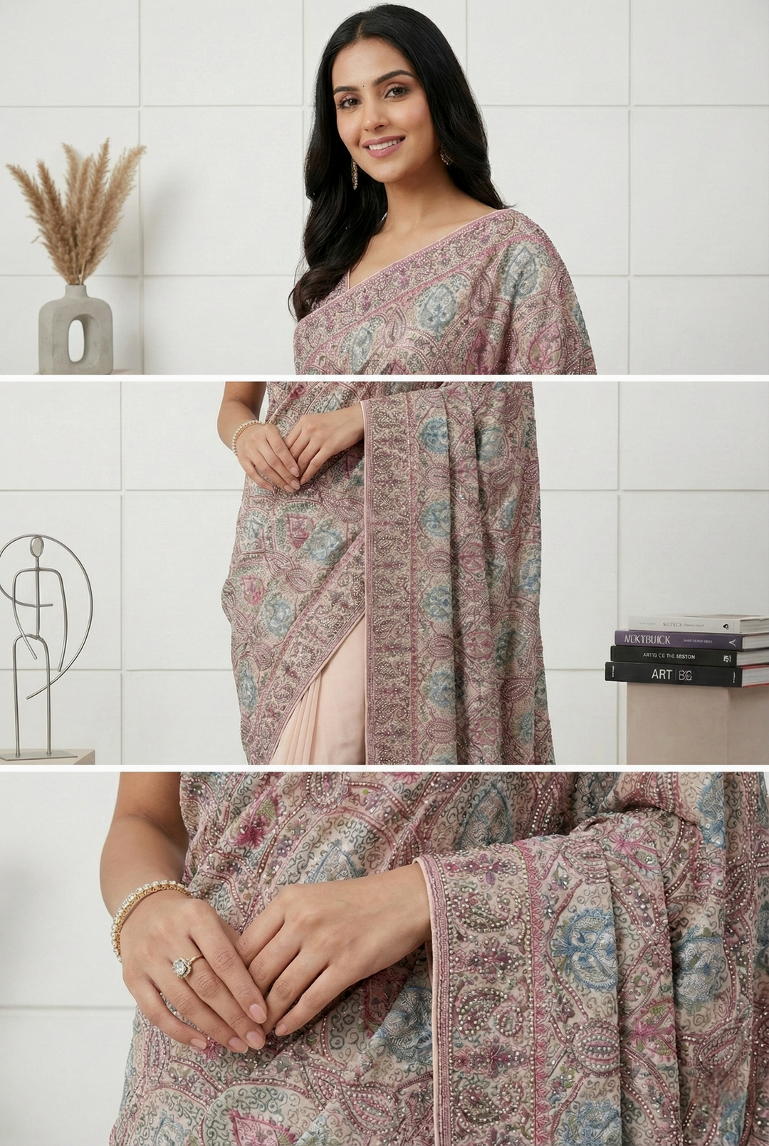 Neerus Pink Organza Embellished Saree - side view