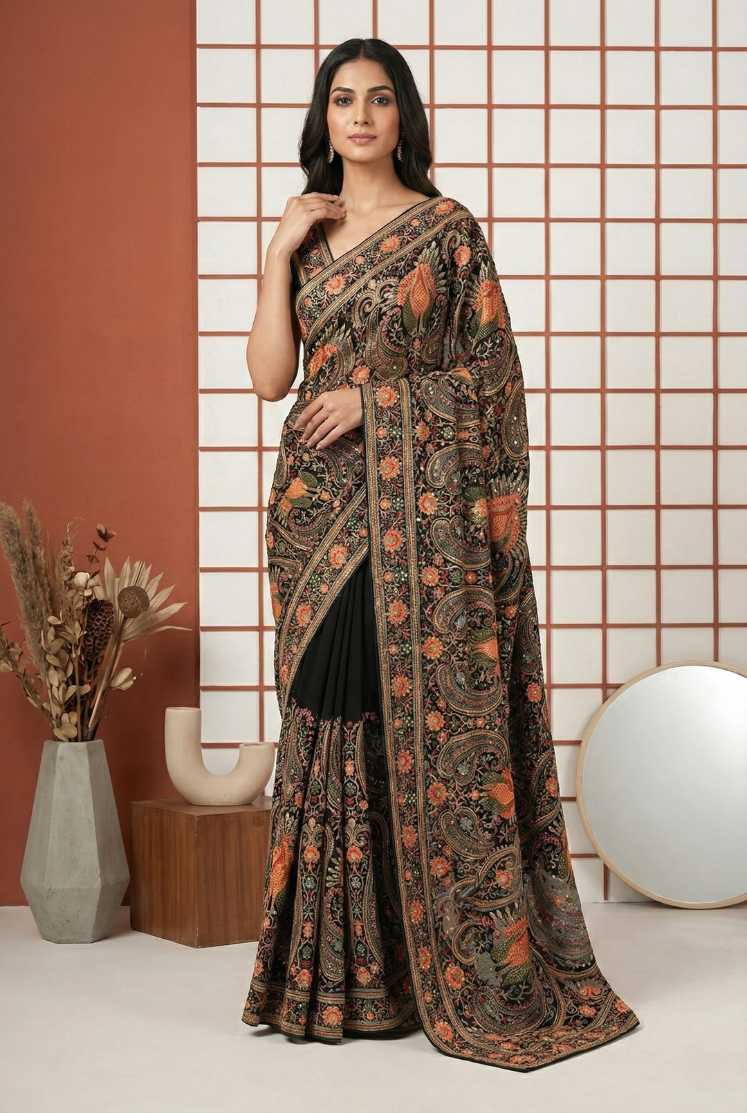 Neerus Black organza hand embroidered saree paisley zari - front view