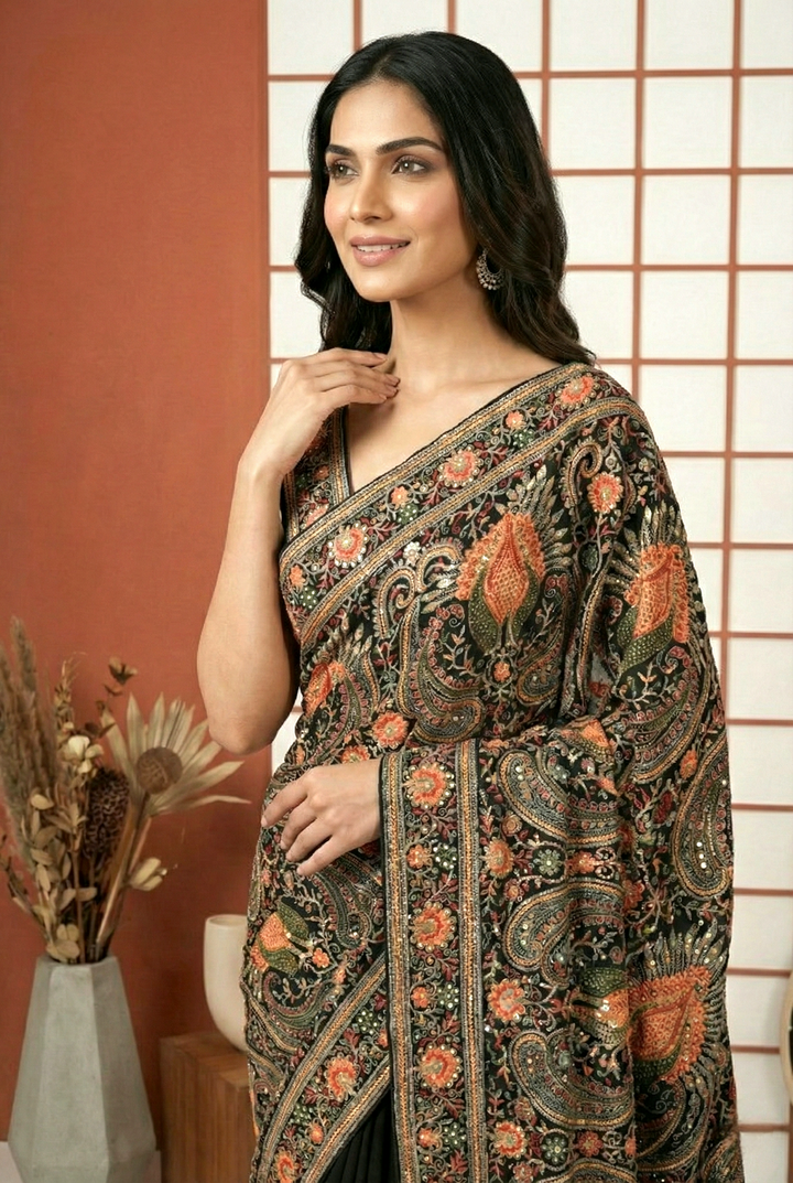 Neerus Black organza hand embroidered saree paisley zari - back view