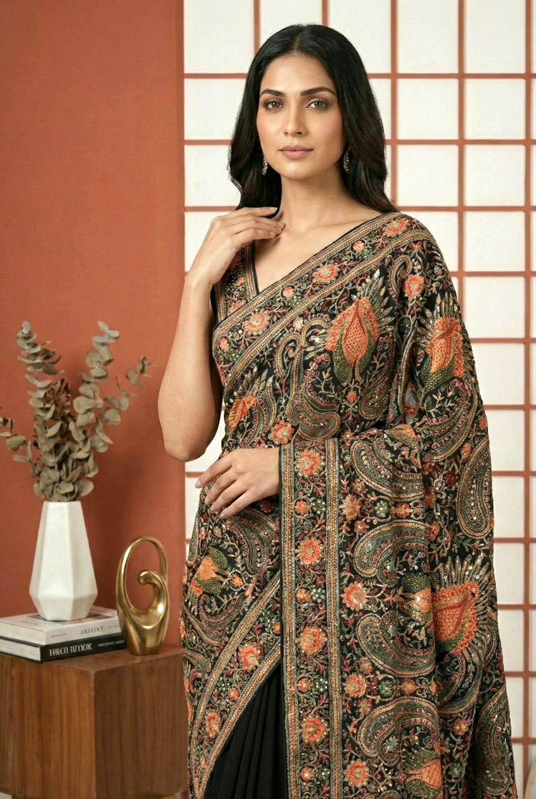Neerus Black organza hand embroidered saree paisley zari - side view