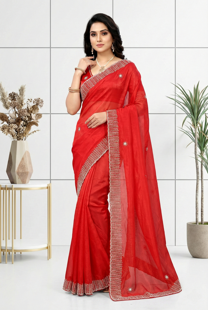 Neerus Red silk embellished saree with stone embroidery - front view
