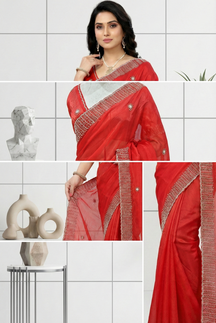 Neerus Red silk embellished saree with stone embroidery - side view