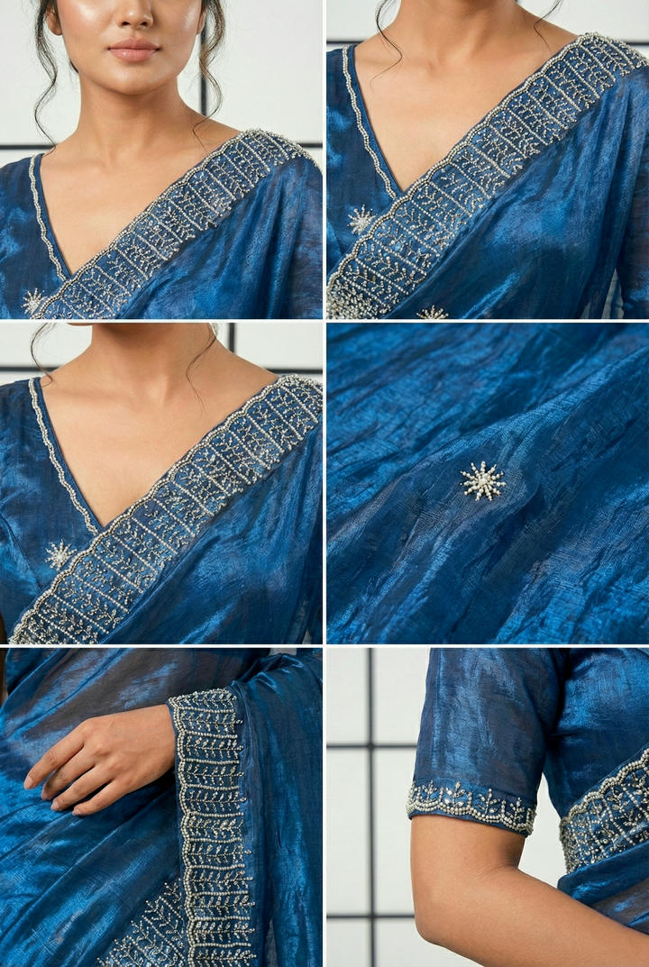 Neerus Blue organza embellished saree with peacock stone motif - back view