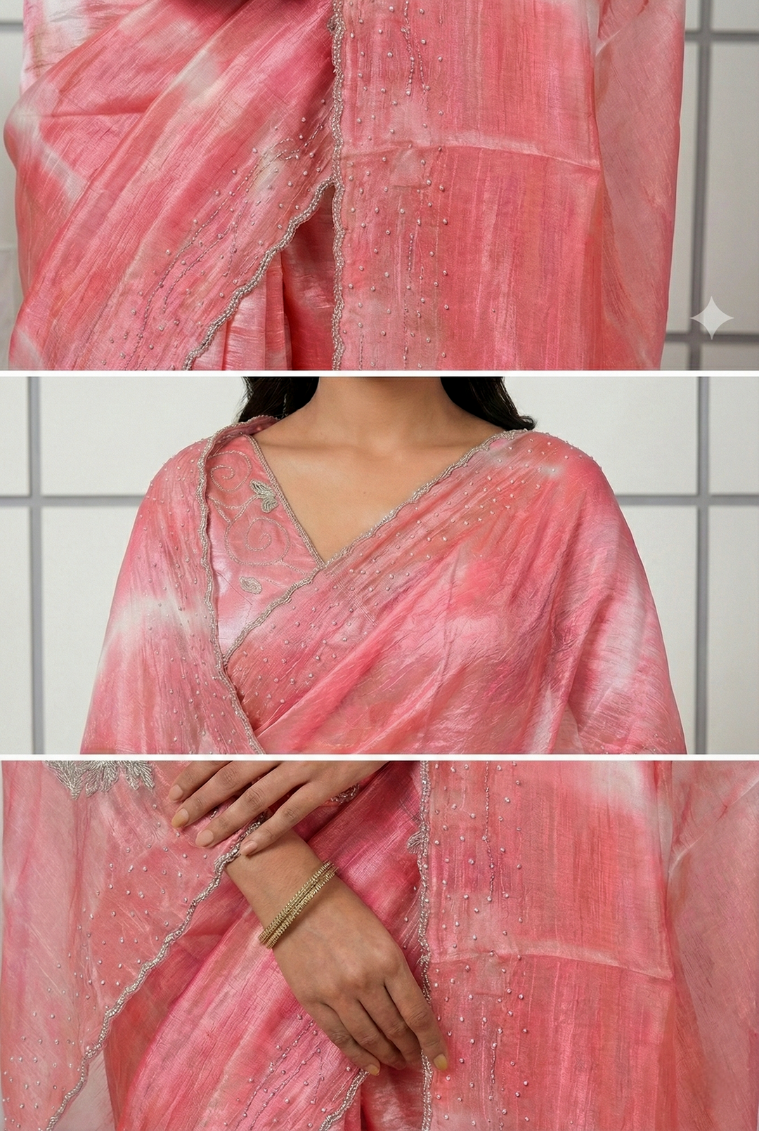 Neerus Pink organza embellished saree - side view