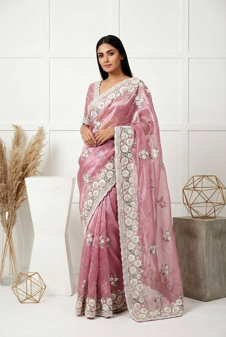 Neerus Purple organza embroidered saree - front view