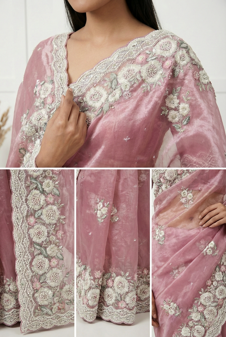 Neerus Purple organza embroidered saree - back view