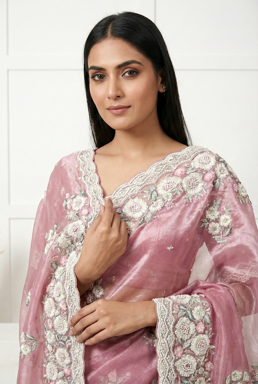 Neerus Purple organza embroidered saree - side view