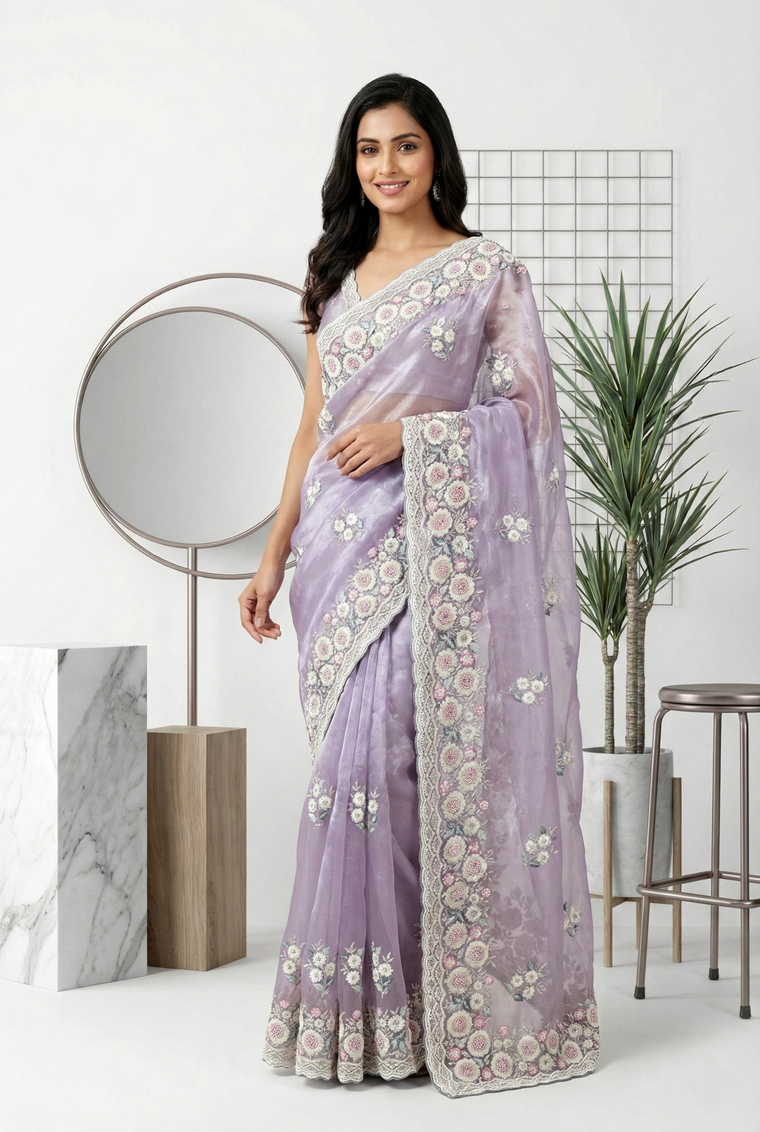 Neerus Grey organza embroidered saree - front view