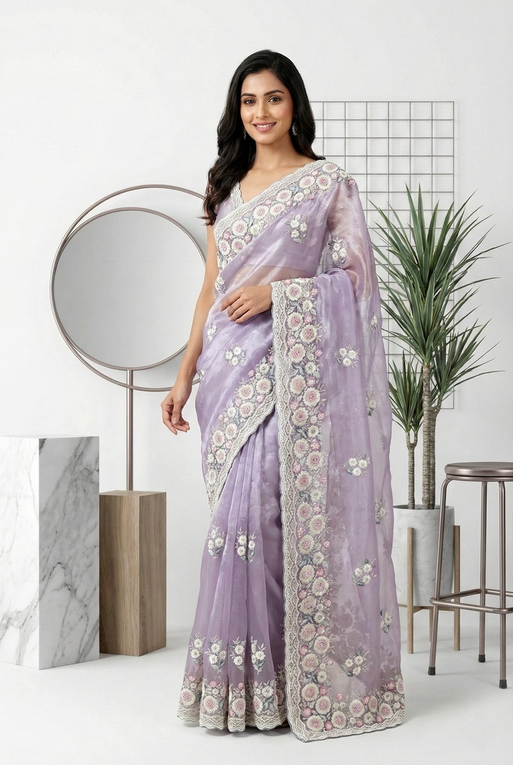 Neerus Grey organza embroidered saree - front view