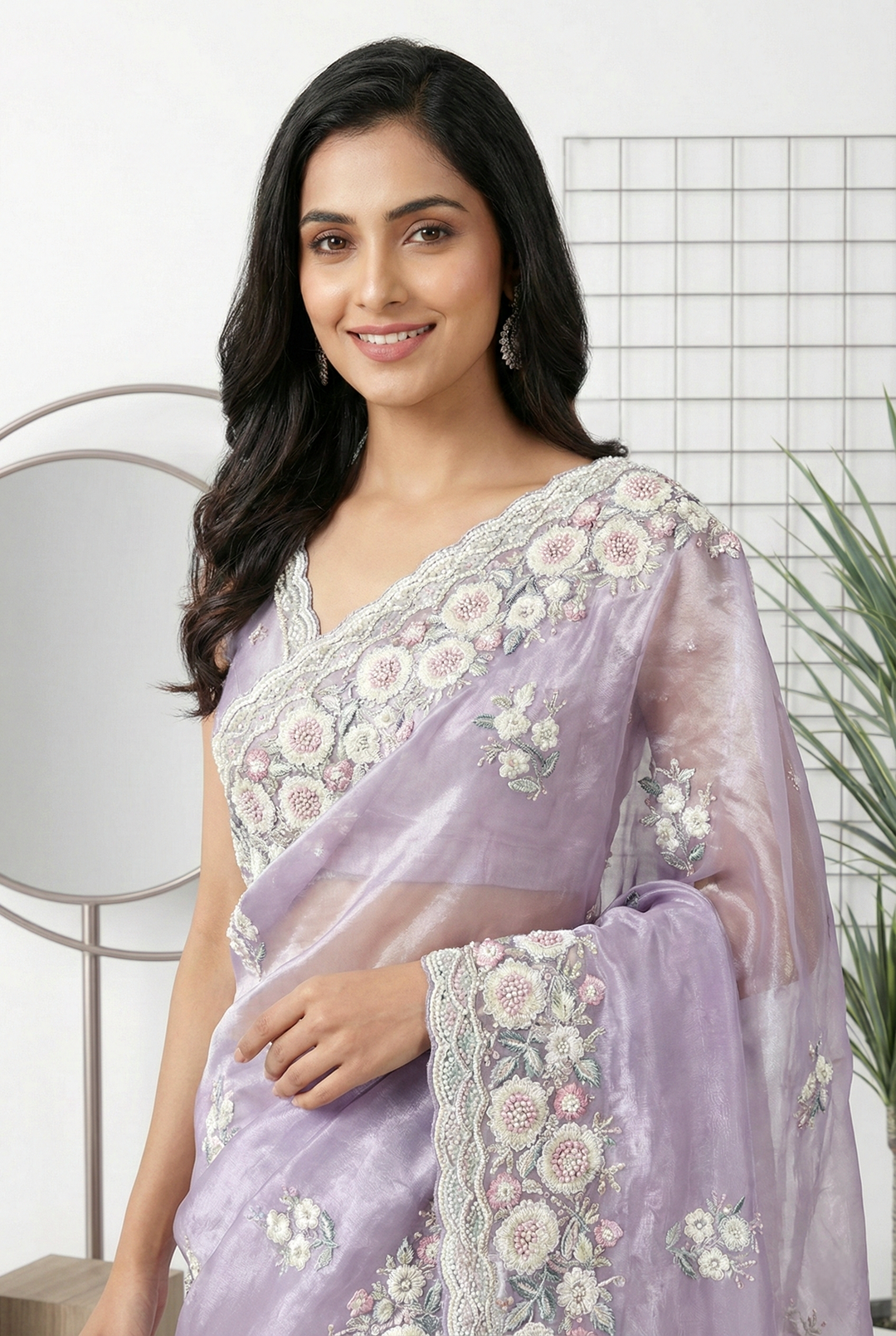 Neerus Grey organza embroidered saree - back view