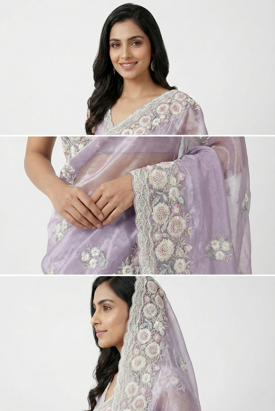 Neerus Grey organza embroidered saree - side view