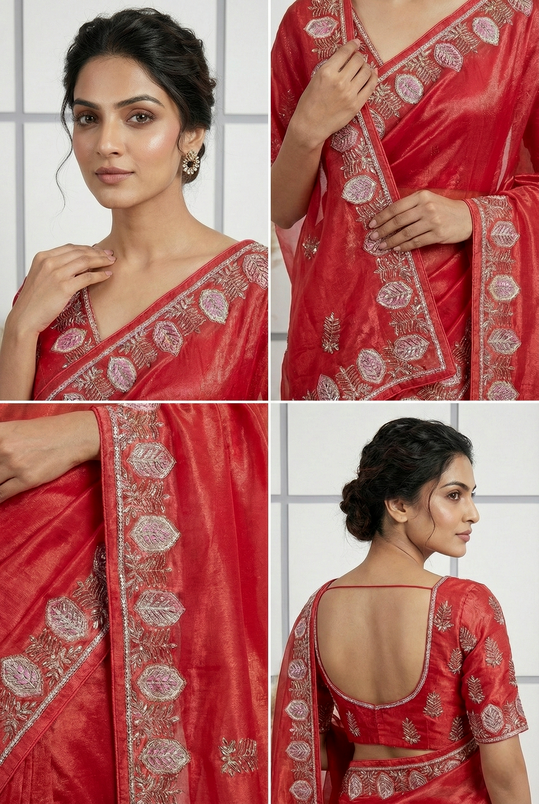Neerus Red organza thread embroidered saree - back view