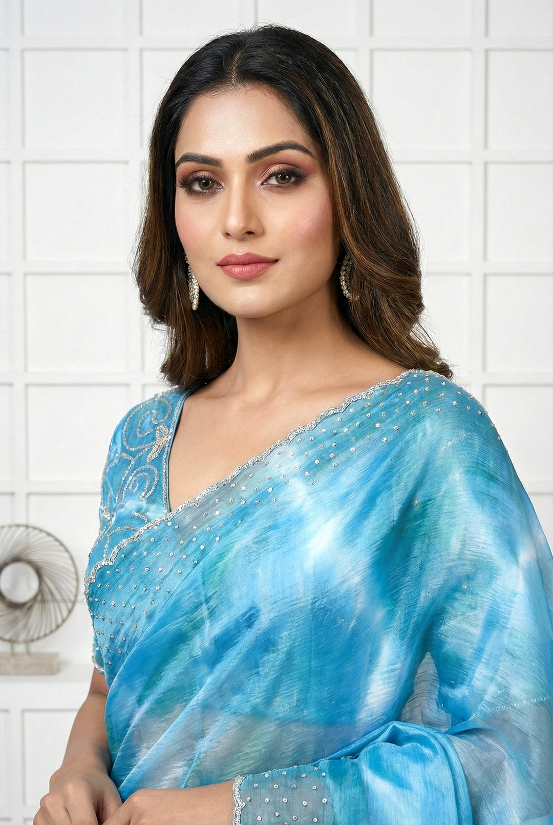 Neerus Blue organza embellished saree - back view