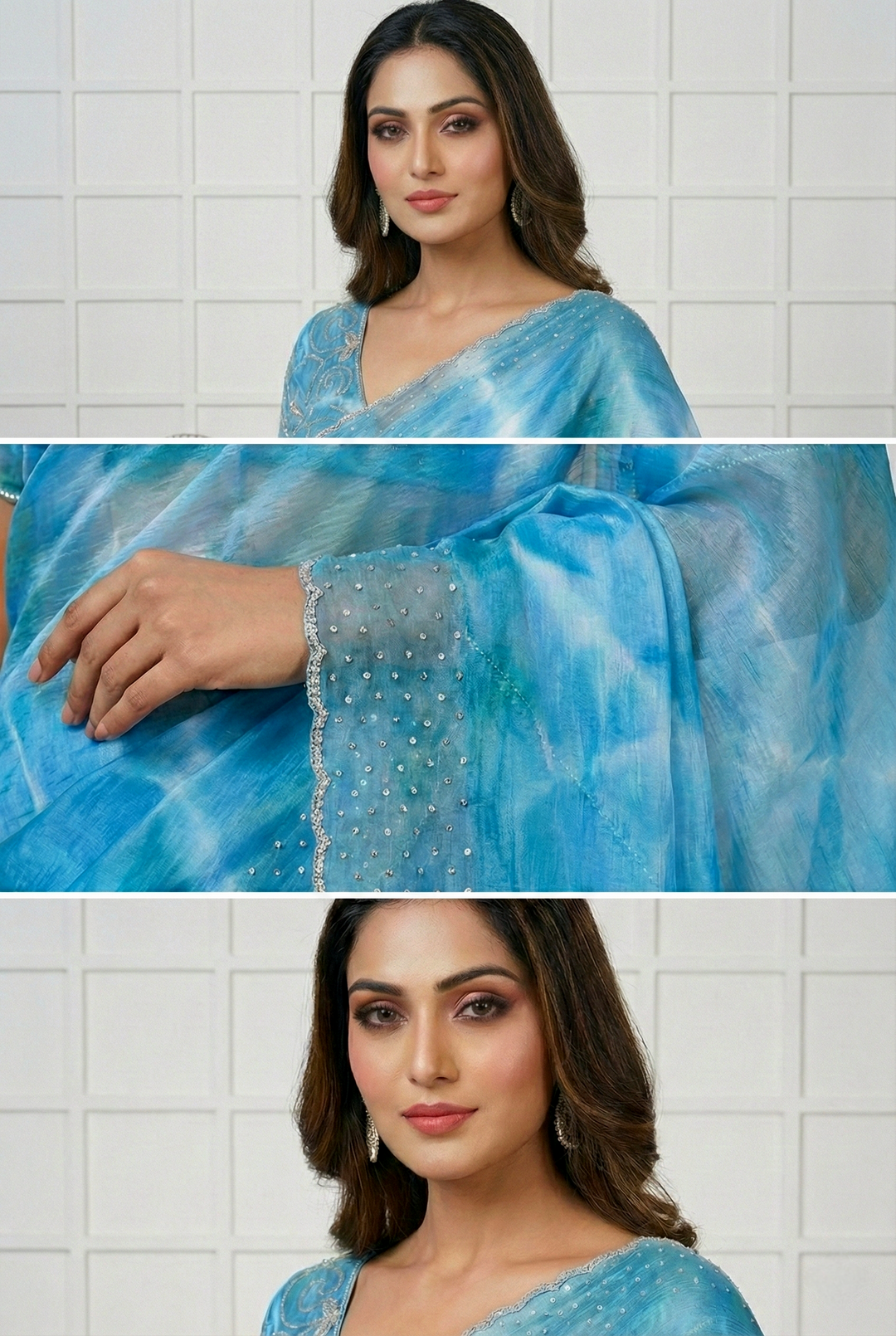 Neerus Blue organza embellished saree - side view