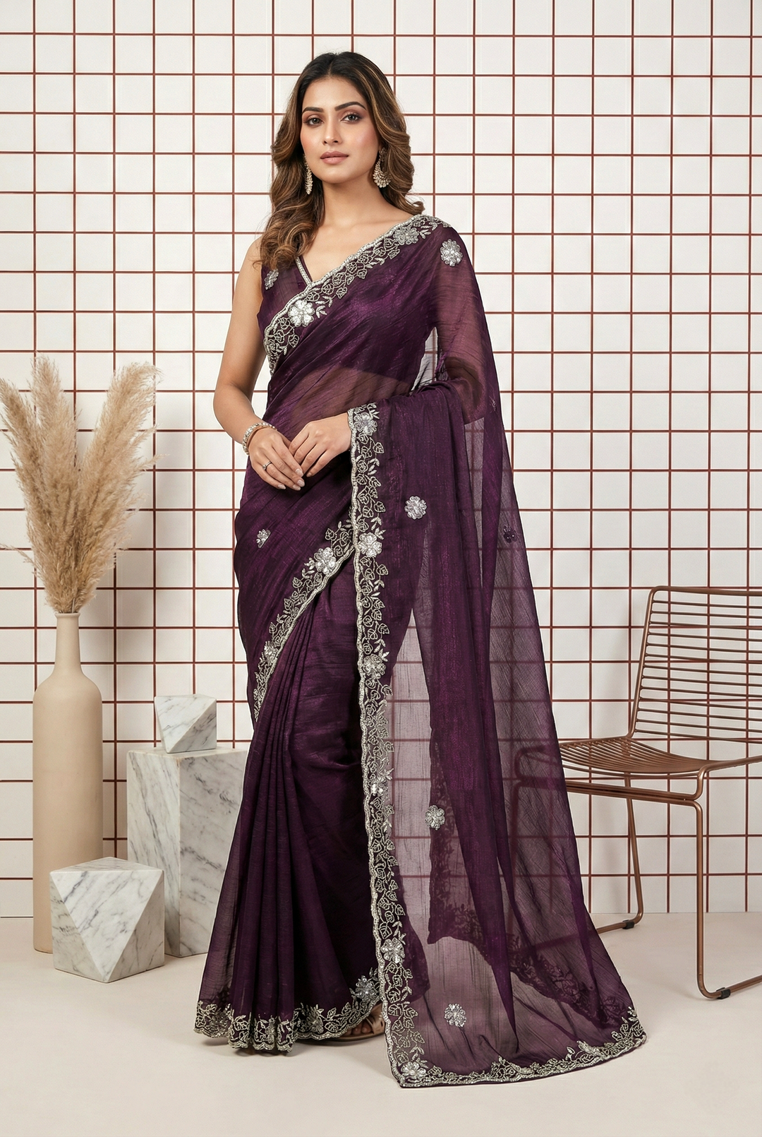 Neerus Purple organza embellished saree - front view