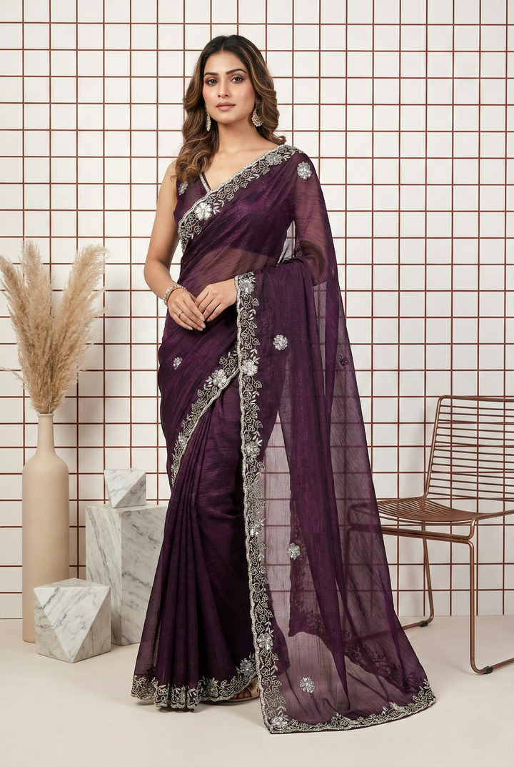 Neerus Purple organza embellished saree - front view