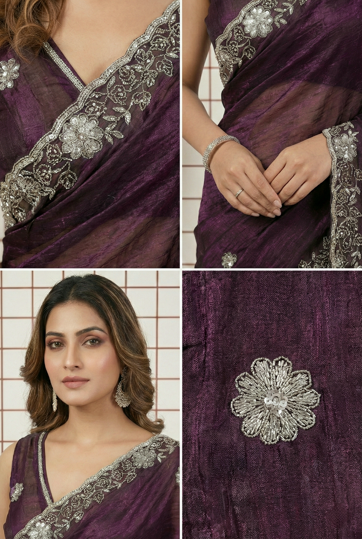 Neerus Purple organza embellished saree - back view