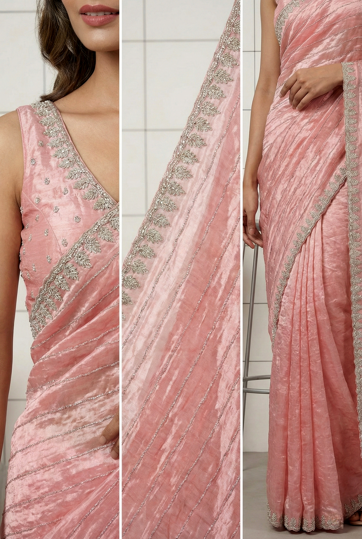 Neerus Pink organza embellished saree - side view