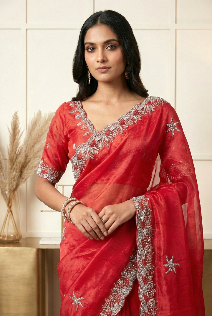 Neerus Red organza hand embroidered saree - front view
