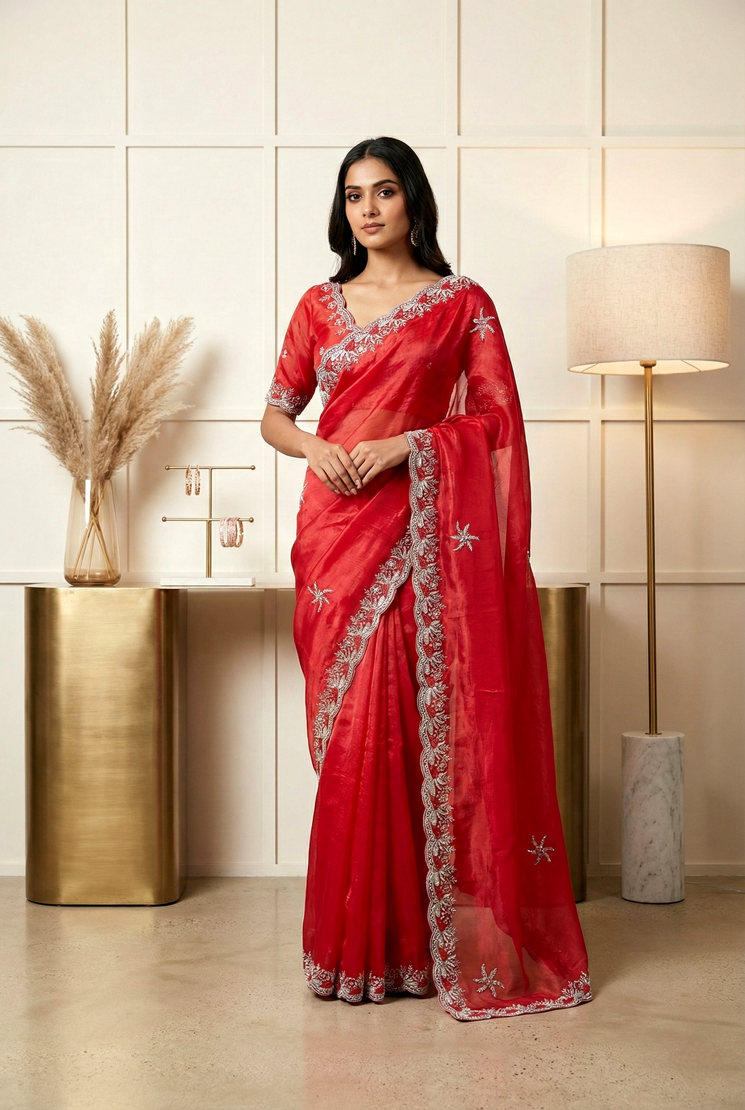 Neerus Red organza hand embroidered saree - back view