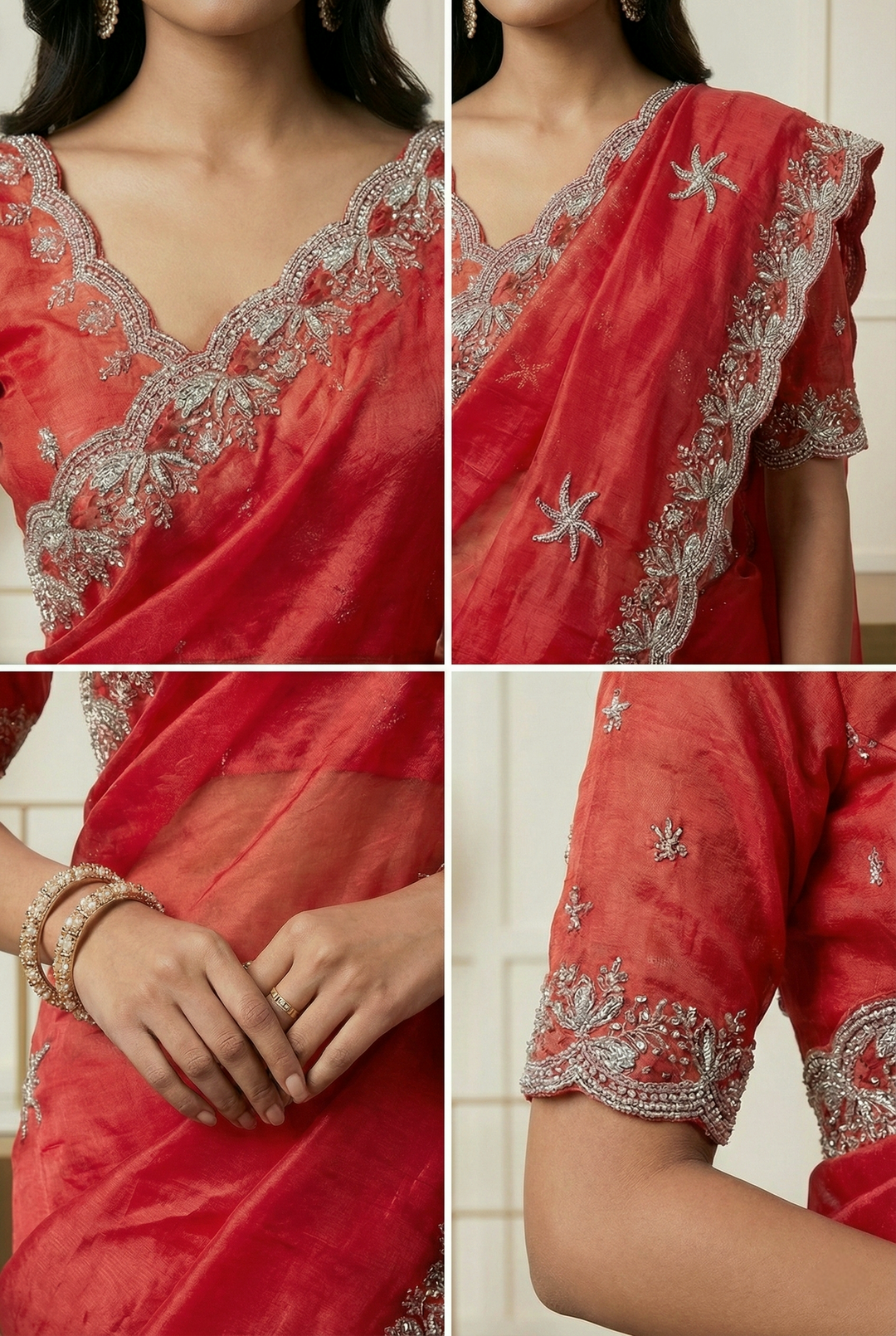 Neerus Red organza hand embroidered saree - side view