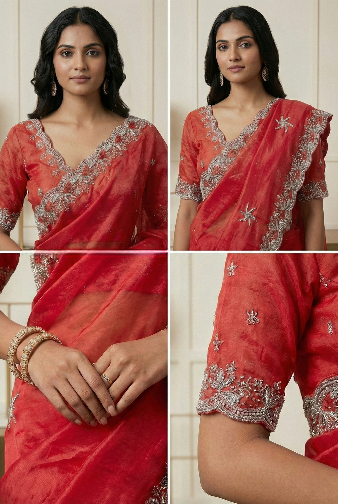 Neerus Red organza hand embroidered saree - detail view 1