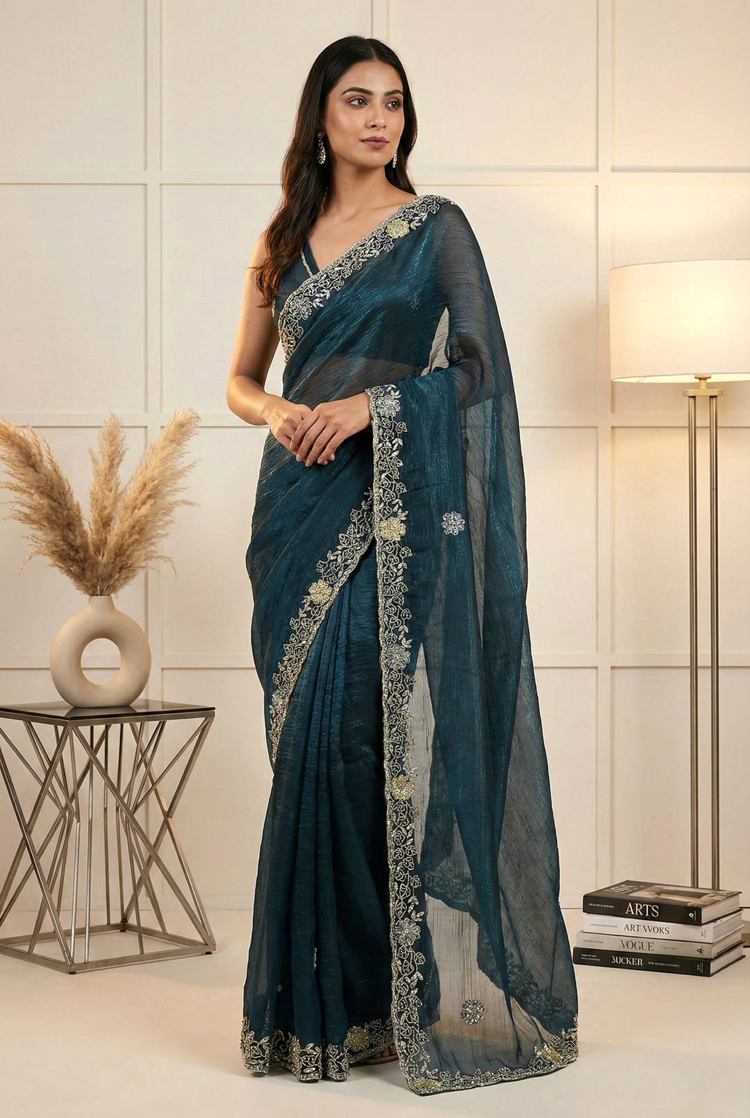 Neerus Green organza embellished saree - front view