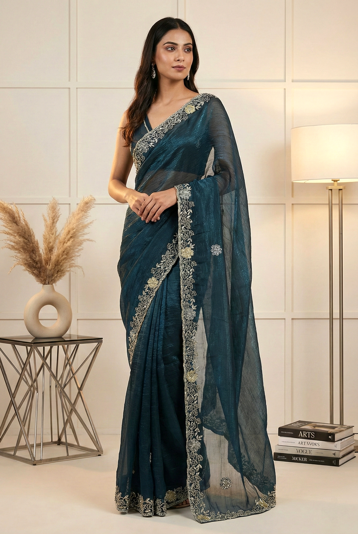 Neerus Green organza embellished saree - front view
