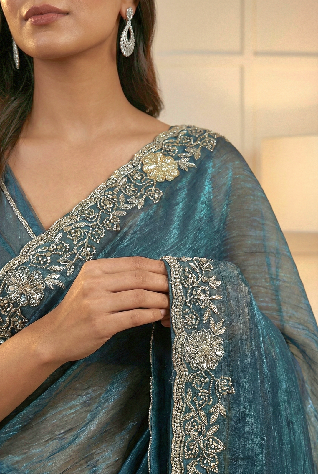 Neerus Green organza embellished saree - side view