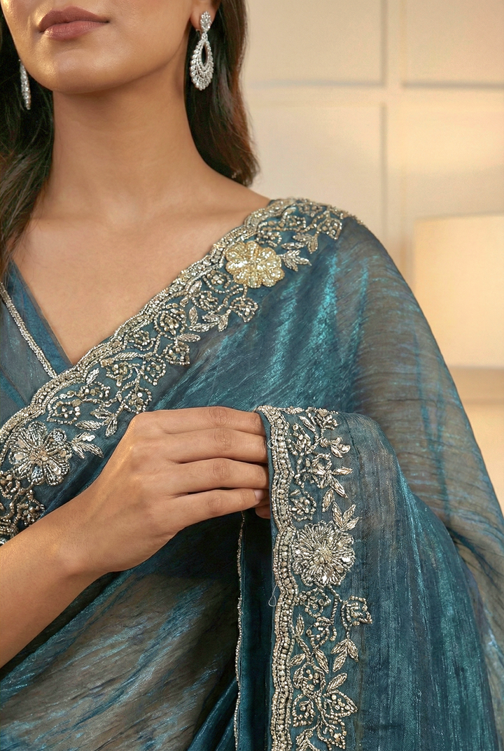 Neerus Green organza embellished saree - side view